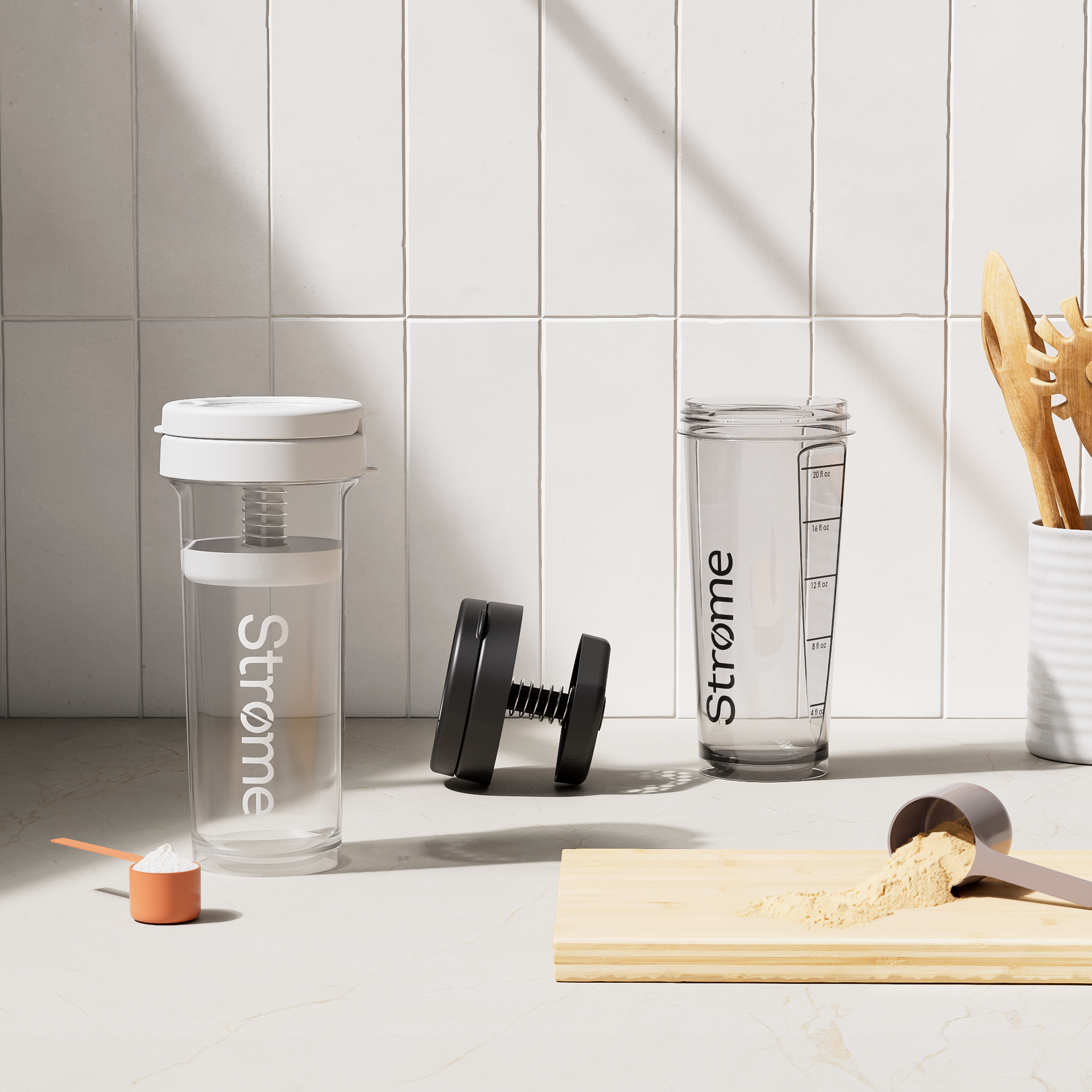 Black and white Stromeshakers on the kitchen countertop